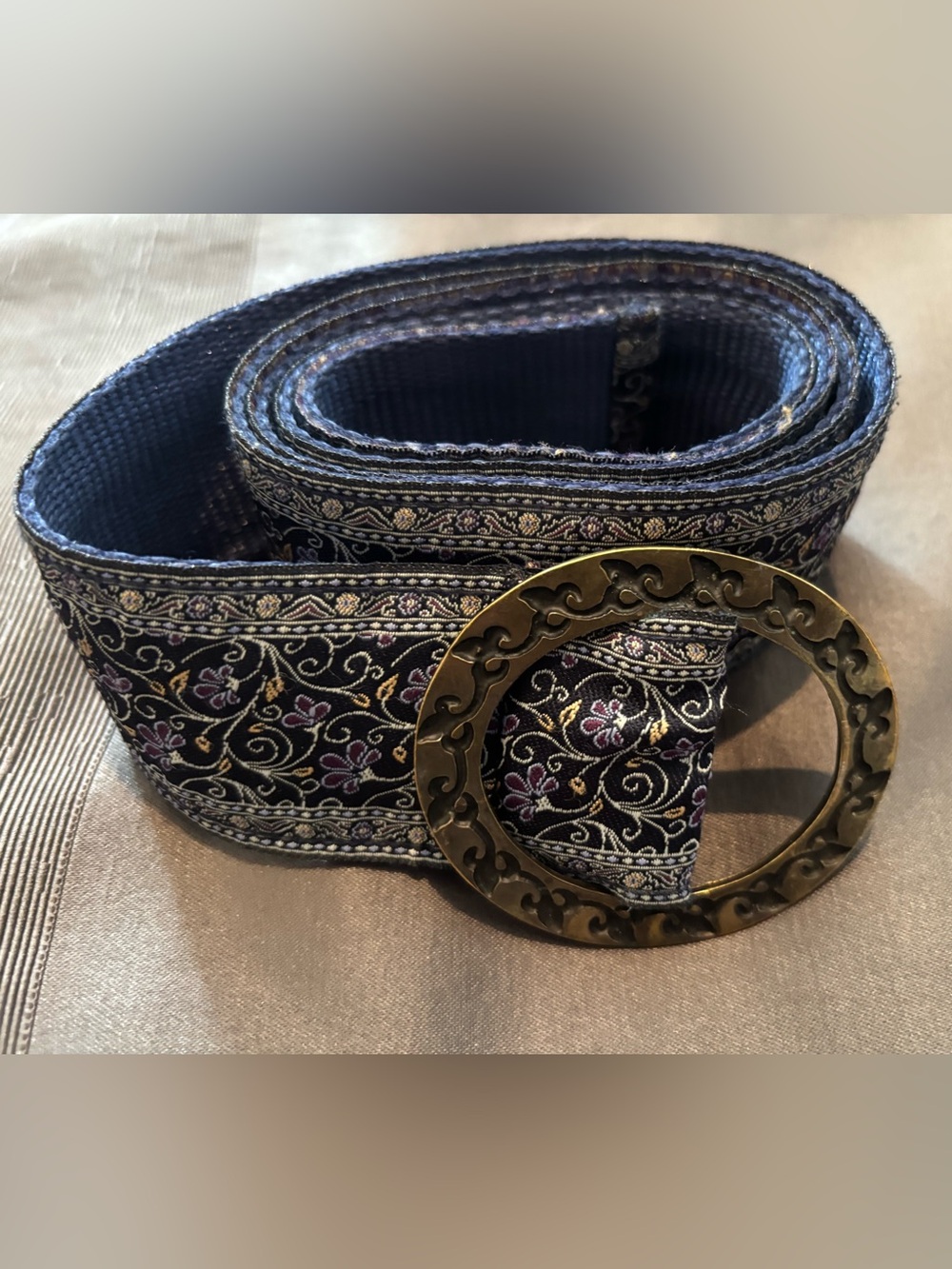 Embroidered Navy Textile Belt with Brass Round Buckle